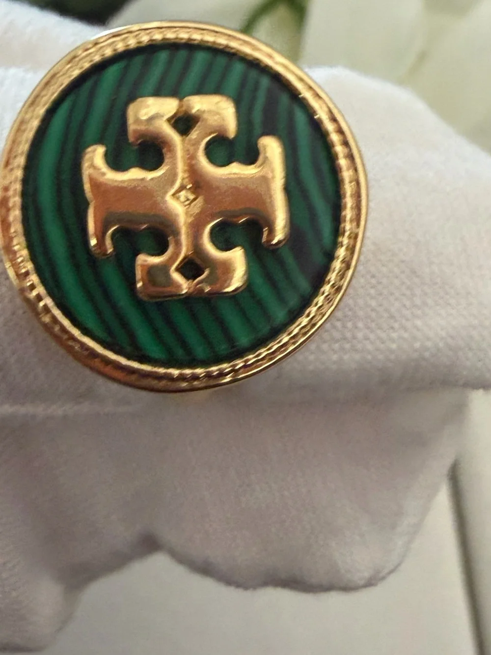 Tory Burch AUTHENTIC Gold-Tone Ring Malachite Semiprecious Stone Logo Sz 8
